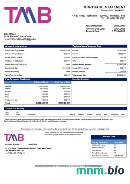 Indie Bank Tamilnad Mercantile wyciąg z kredytu hipotecznego szablon Word i PDF